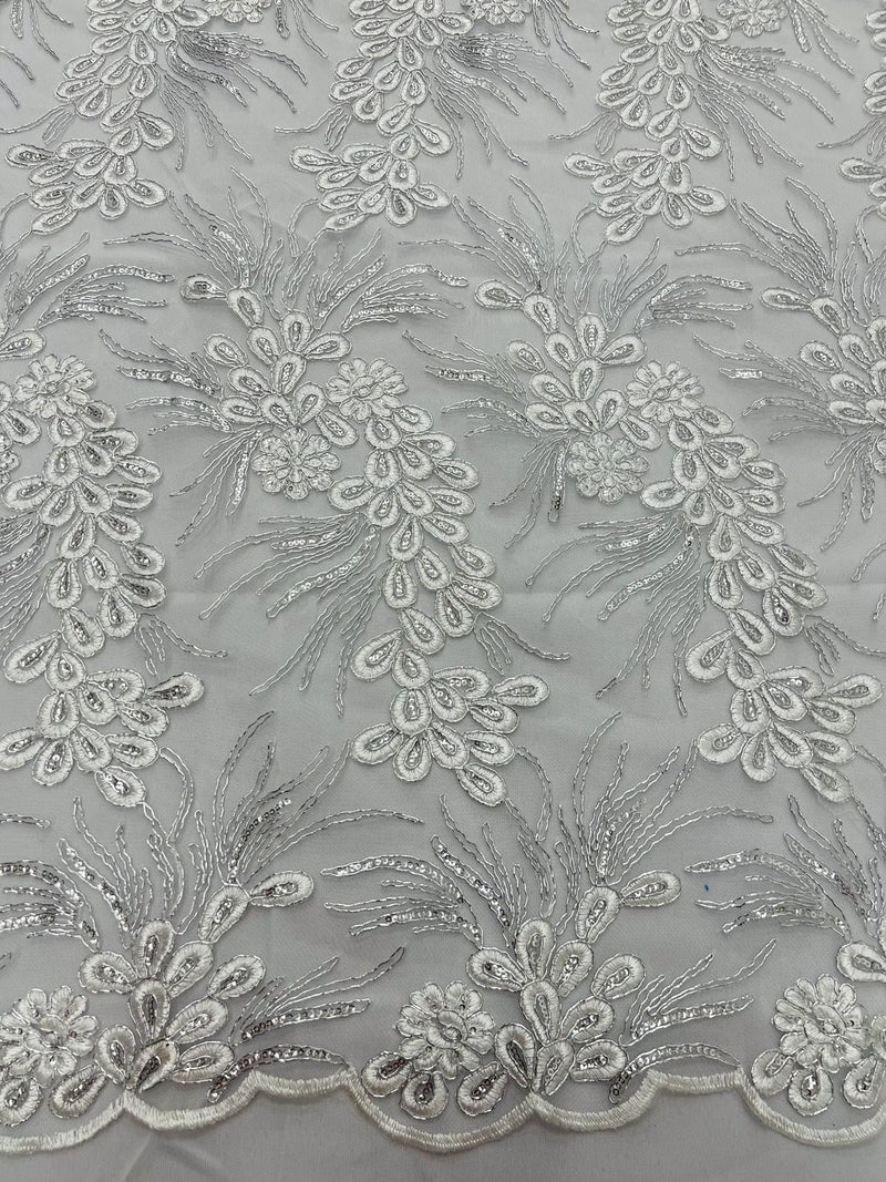 Floral Plant Cluster Fabric - White / Silver - Embroidered High Quality Lace Fabric Sold by Yard