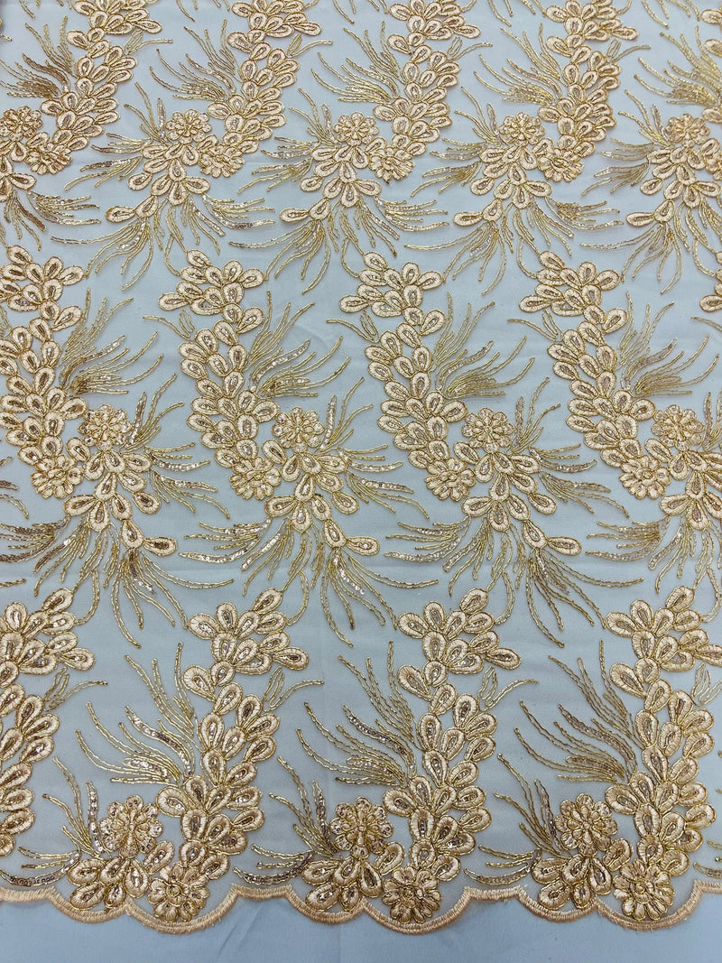 Floral Plant Cluster Fabric - Peach - Embroidered High Quality Lace Fabric Sold by Yard