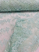 Floral Plant Cluster Fabric - Mint - Embroidered High Quality Lace Fabric Sold by Yard
