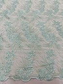 Floral Plant Cluster Fabric - Mint - Embroidered High Quality Lace Fabric Sold by Yard