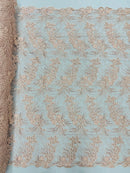 Floral Plant Cluster Fabric - Blush - Embroidered High Quality Lace Fabric Sold by Yard