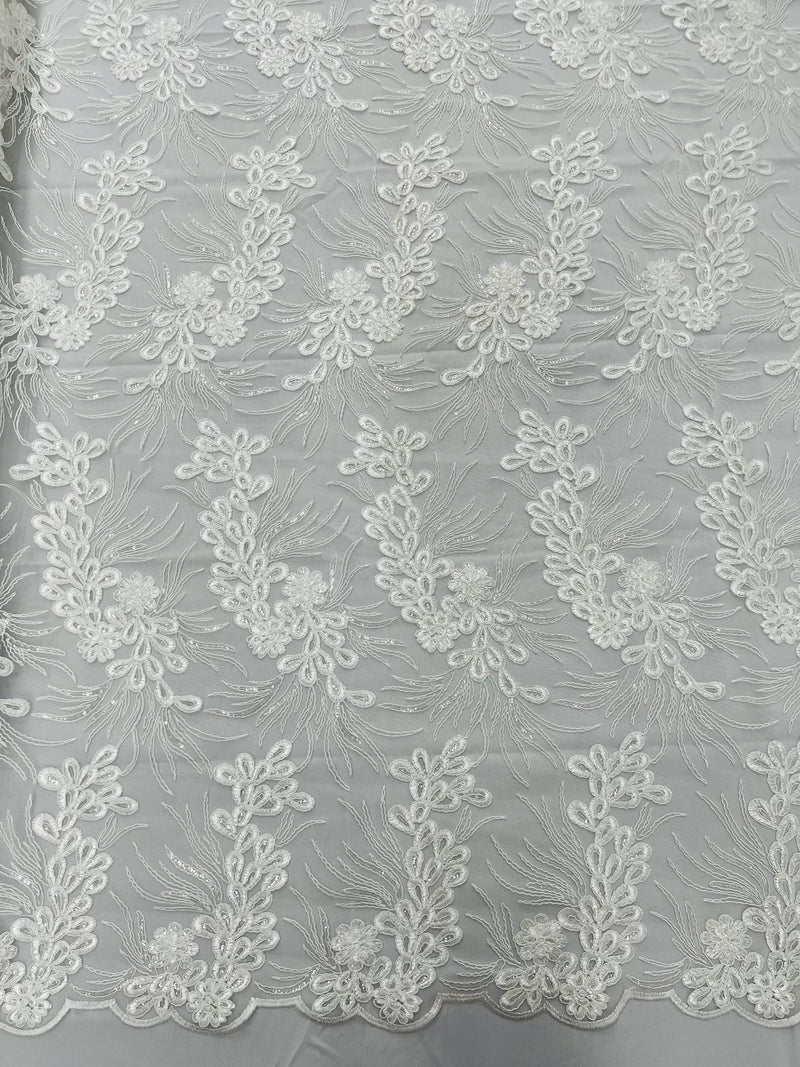Floral Plant Cluster Fabric - Ivory - Embroidered High Quality Lace Fabric Sold by Yard