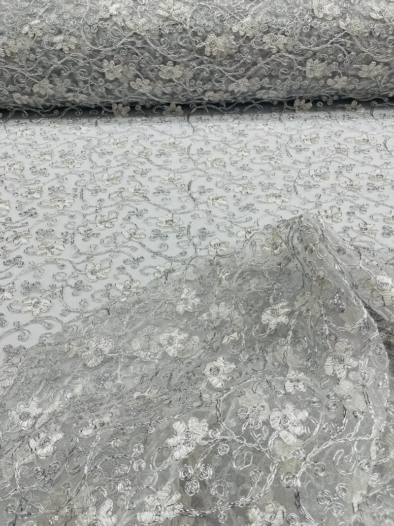 Metallic Floral Lace Fabric - White/Silver - Embroidered  Flower Design on Lace Mesh Fabric By Yard