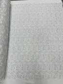 Metallic Floral Lace Fabric - White/Silver - Embroidered  Flower Design on Lace Mesh Fabric By Yard