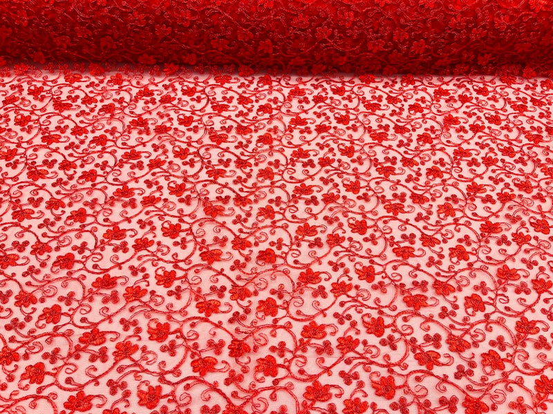 Metallic Floral Lace Fabric - Red - Embroidered  Flower Design on Lace Mesh Fabric By Yard