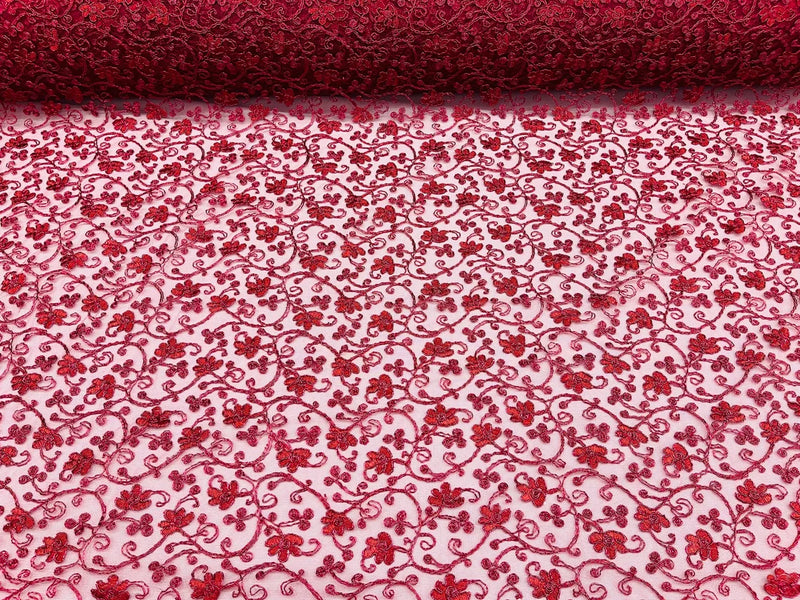Metallic Floral Lace Fabric - Burgundy - Embroidered  Flower Design on Lace Mesh Fabric By Yard