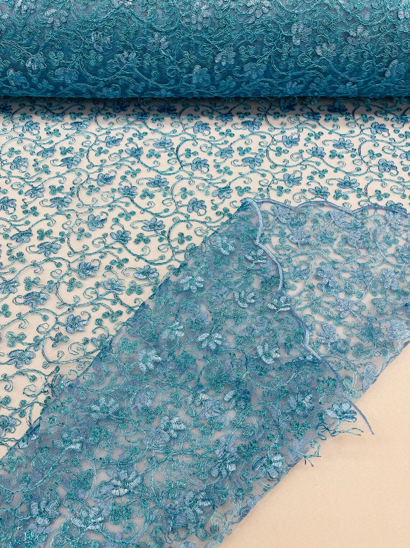 Metallic Floral Lace Fabric - Turquoise - Embroidered  Flower Design on Lace Mesh Fabric By Yard