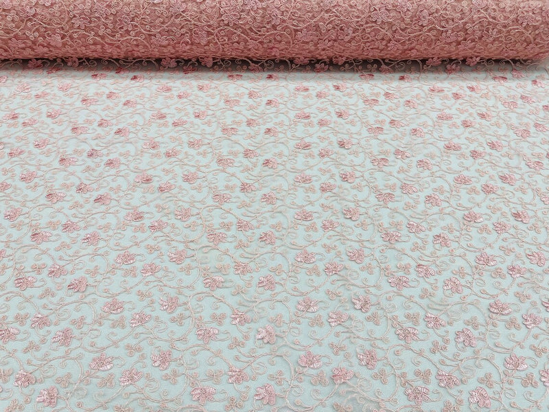 Metallic Floral Lace Fabric - Pink - Embroidered  Flower Design on Lace Mesh Fabric By Yard
