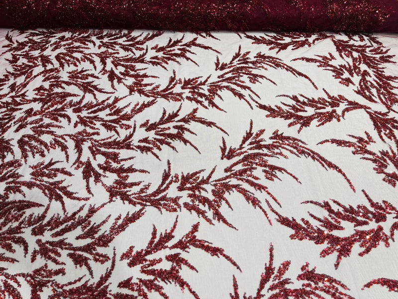 Leaf Plant Cluster Design Fabric - Burgundy - Beaded Embroidered Leaves Design on Lace Mesh By Yard