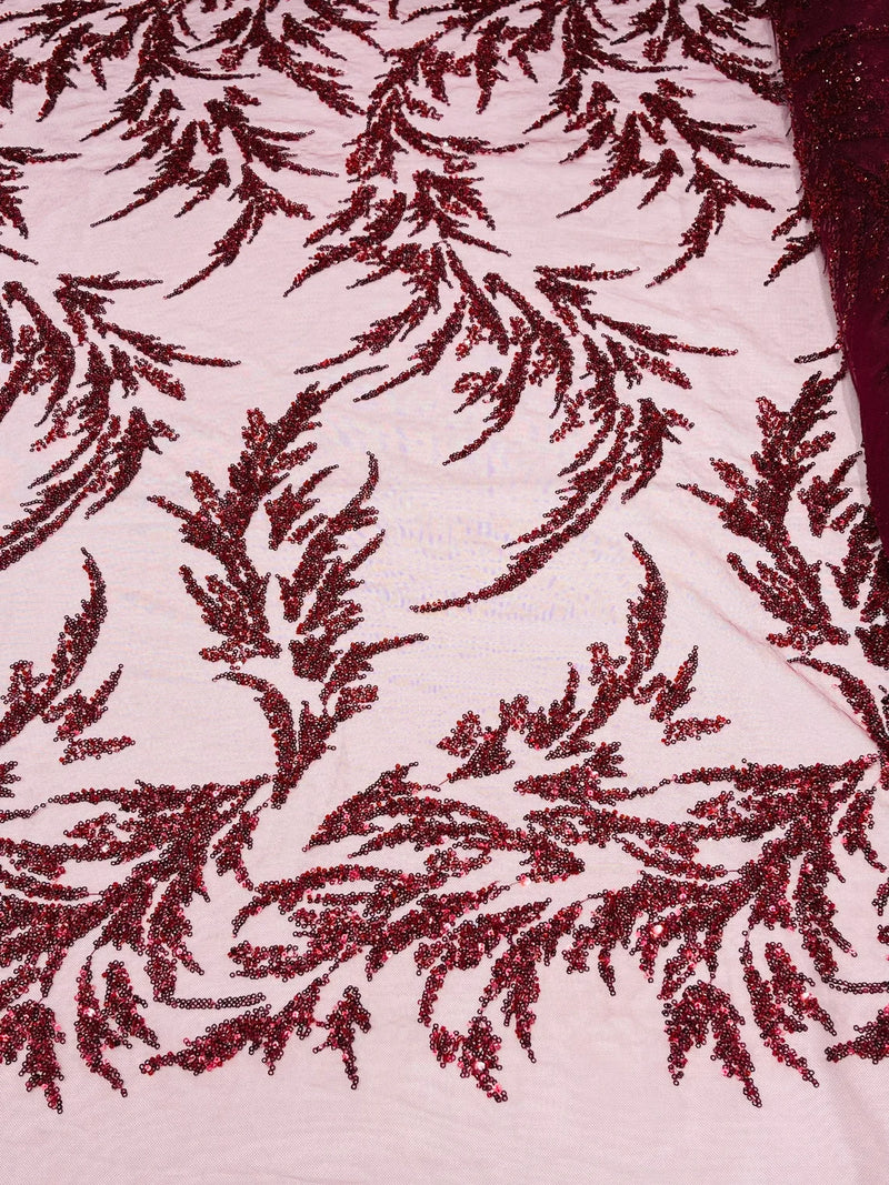 Leaf Plant Cluster Design Fabric - Burgundy - Beaded Embroidered Leaves Design on Lace Mesh By Yard