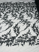 Leaf Plant Cluster Design Fabric - Black - Beaded Embroidered Leaves Design on Lace Mesh By Yard