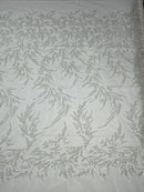 Leaf Plant Cluster Design Fabric - White - Beaded Embroidered Leaves Design on Lace Mesh By Yard