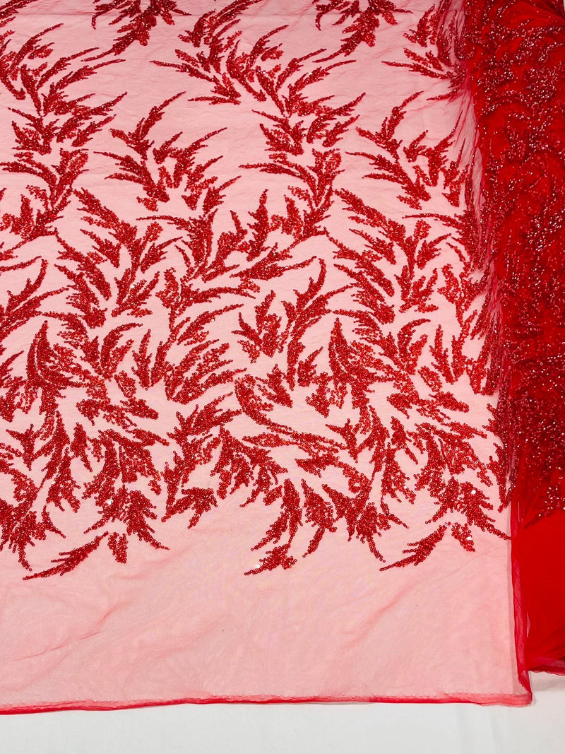 Leaf Plant Cluster Design Fabric - Red - Beaded Embroidered Leaves Design on Lace Mesh By Yard