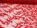 Leaf Plant Cluster Design Fabric - Red - Beaded Embroidered Leaves Design on Lace Mesh By Yard