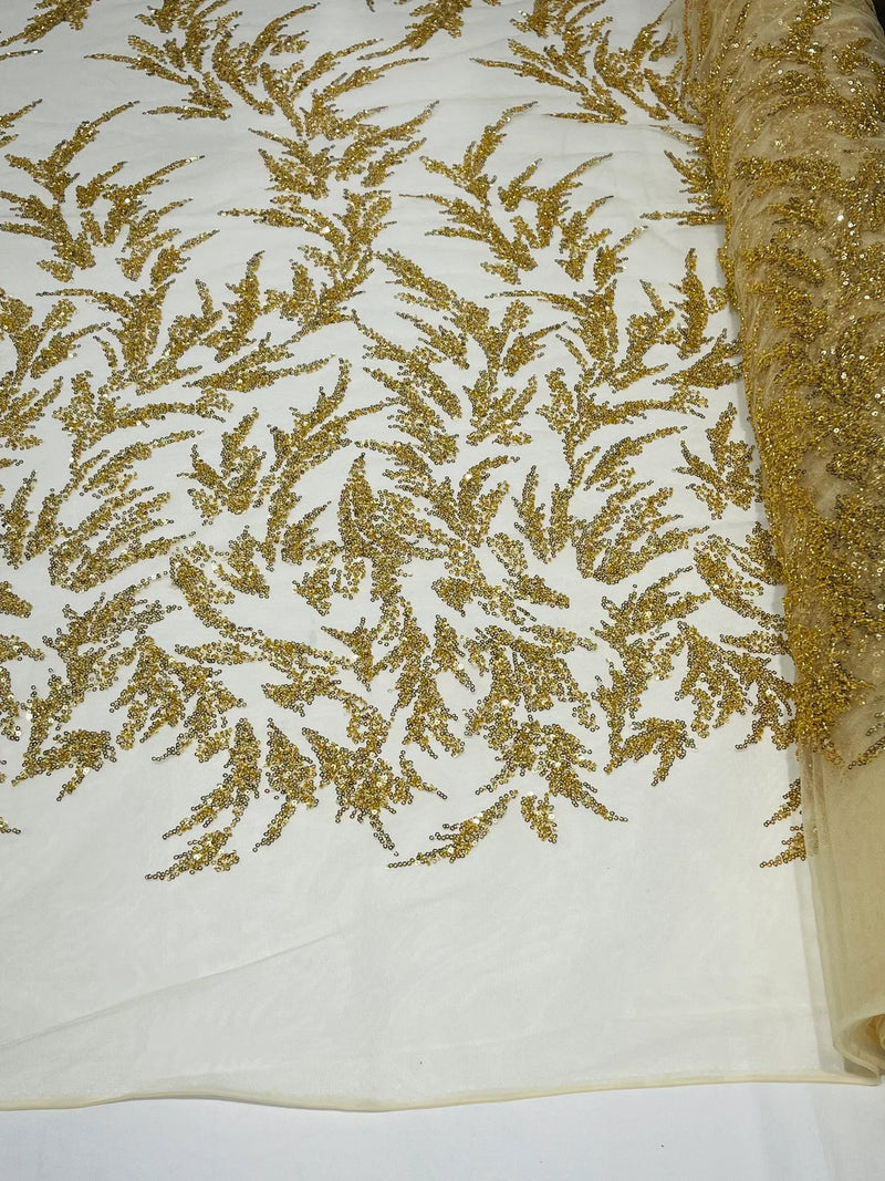 Leaf Plant Cluster Design Fabric - Gold - Beaded Embroidered Leaves Design on Lace Mesh By Yard