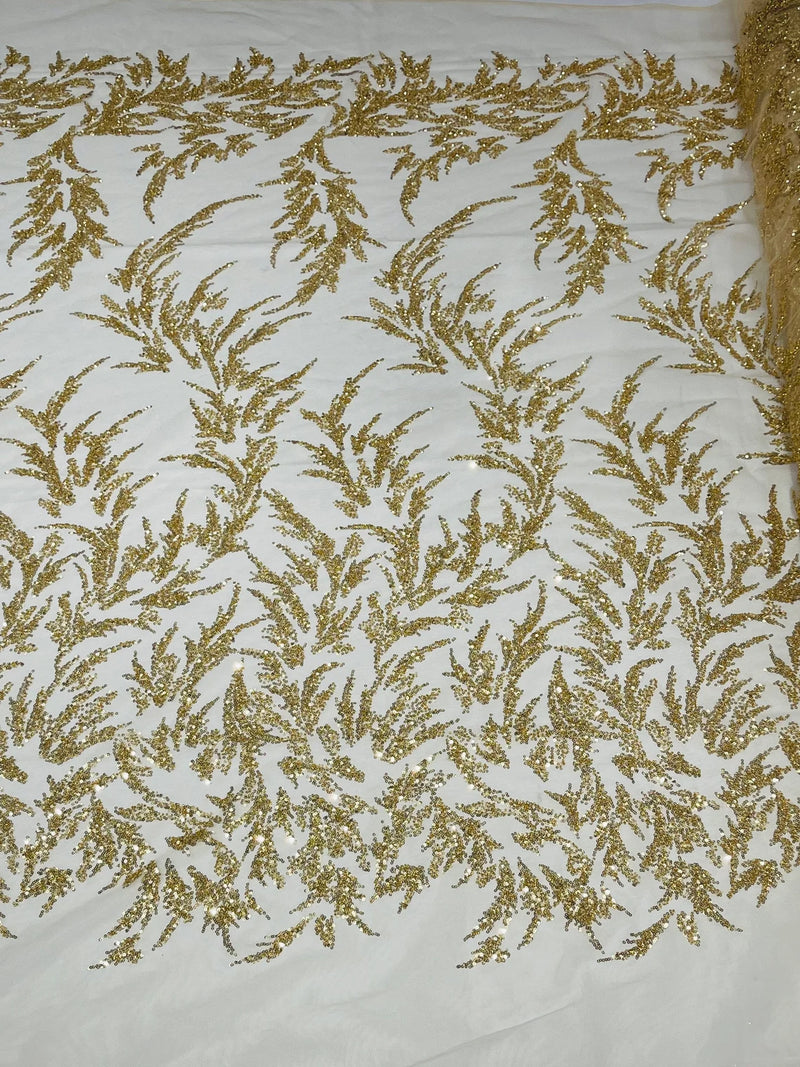 Leaf Plant Cluster Design Fabric - Gold - Beaded Embroidered Leaves Design on Lace Mesh By Yard