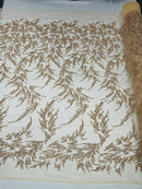 Leaf Plant Cluster Design Fabric - Rose Gold - Beaded Embroidered Leaves Design on Lace Mesh By Yard