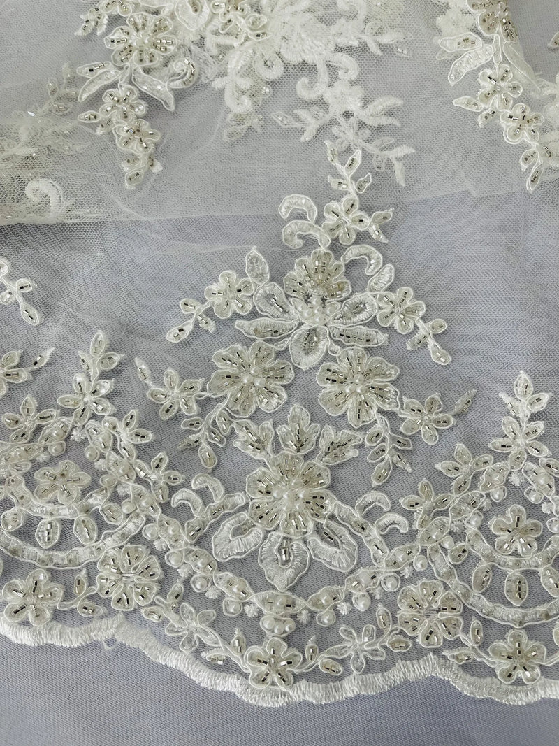 Beaded Shiny Floral Cluster - Off-White - Embroidered Luxury Floral Design by Yard