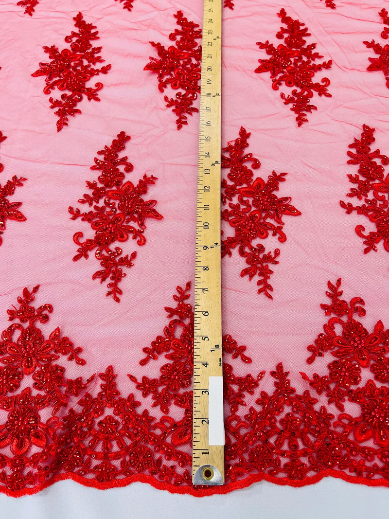 Beaded Shiny Floral Cluster - Red - Embroidered Luxury Floral Design by Yard
