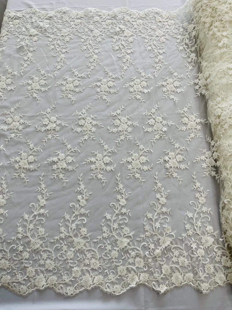 Beaded Floral Cluster - Off-White - Fancy Embroidered Glamorous Floral Design by Yard