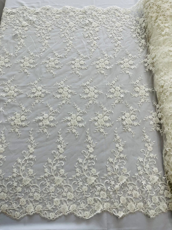 Beaded Floral Cluster - Off-White - Fancy Embroidered Glamorous Floral Design by Yard