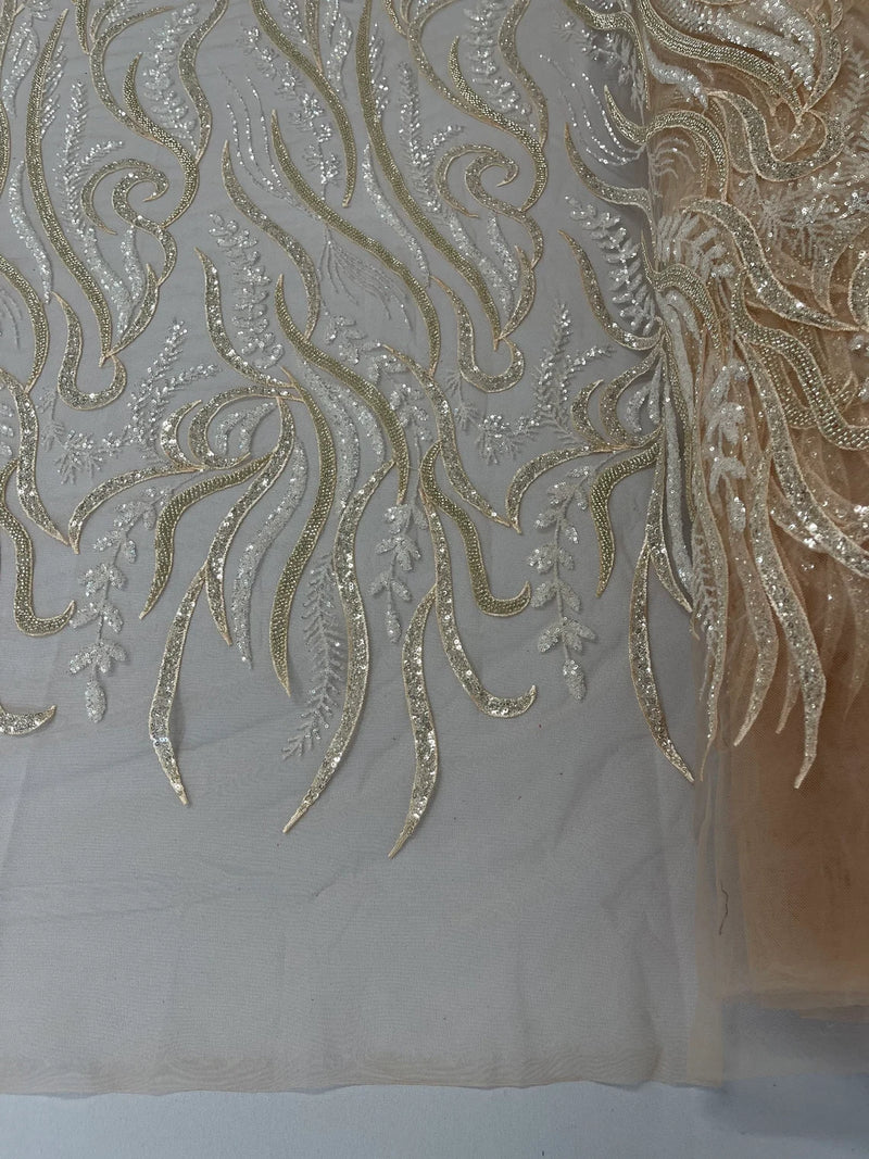 Sea Plant Design Fabric - Clear on Nude Mesh - Beaded Embroidered Sea Plant Design Fabric by Yard