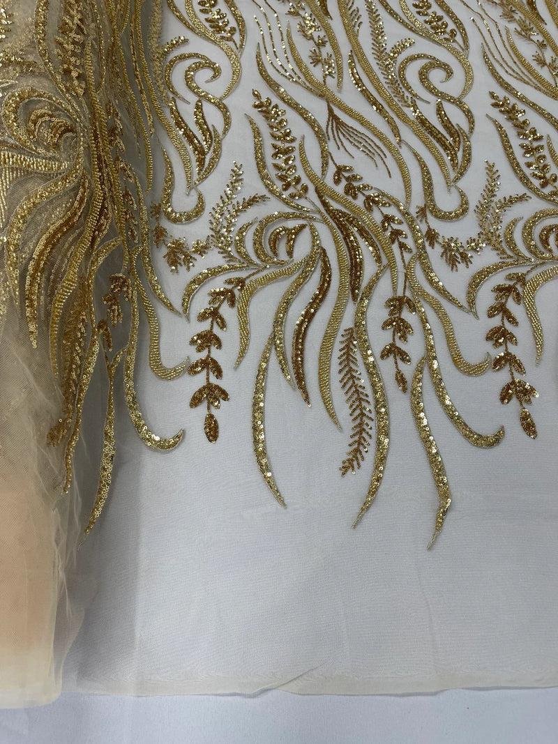 Sea Plant Design Fabric - Gold - Beaded Embroidered Sea Plant Design Fabric by Yard