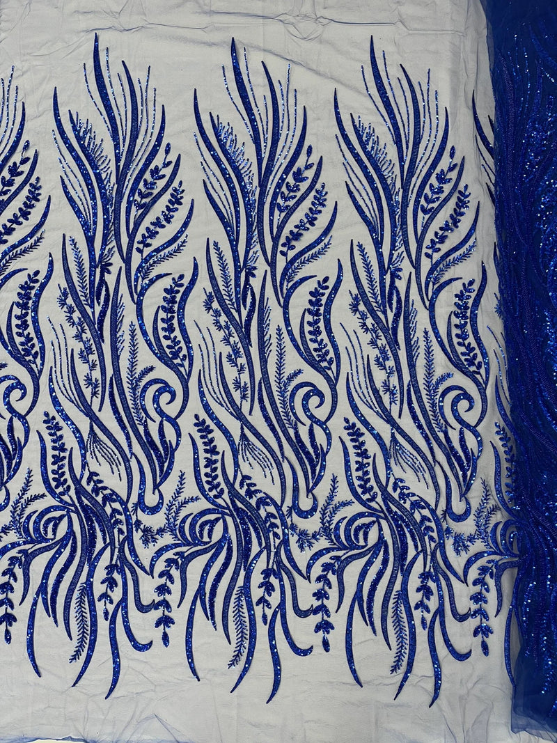 Sea Plant Design Fabric - Royal Blue - Beaded Embroidered Sea Plant Design Fabric by Yard