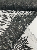 Beaded Elegant Leaf Fabric - Black - Embroidered Leaf Design Beaded Fabric Sold by Yard