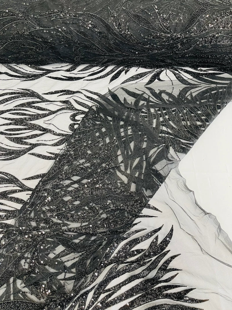 Beaded Elegant Leaf Fabric - Black - Embroidered Leaf Design Beaded Fabric Sold by Yard