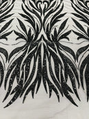 Beaded Elegant Leaf Fabric - Black - Embroidered Leaf Design Beaded Fabric Sold by Yard