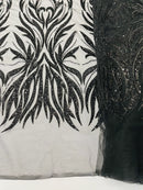 Beaded Elegant Leaf Fabric - Black - Embroidered Leaf Design Beaded Fabric Sold by Yard