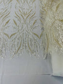 Beaded Elegant Leaf Fabric - Ivory - Embroidered Leaf Design Beaded Fabric Sold by Yard