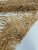 Beaded Elegant Leaf Fabric - Rose Gold - Embroidered Leaf Design Beaded Fabric Sold by Yard