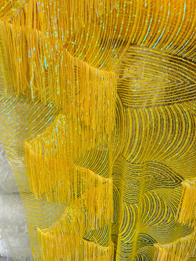 Fringe Sequins Fabric - Yellow - 2 Way Stretch Glamorous Fringe Design on Mesh By Yard