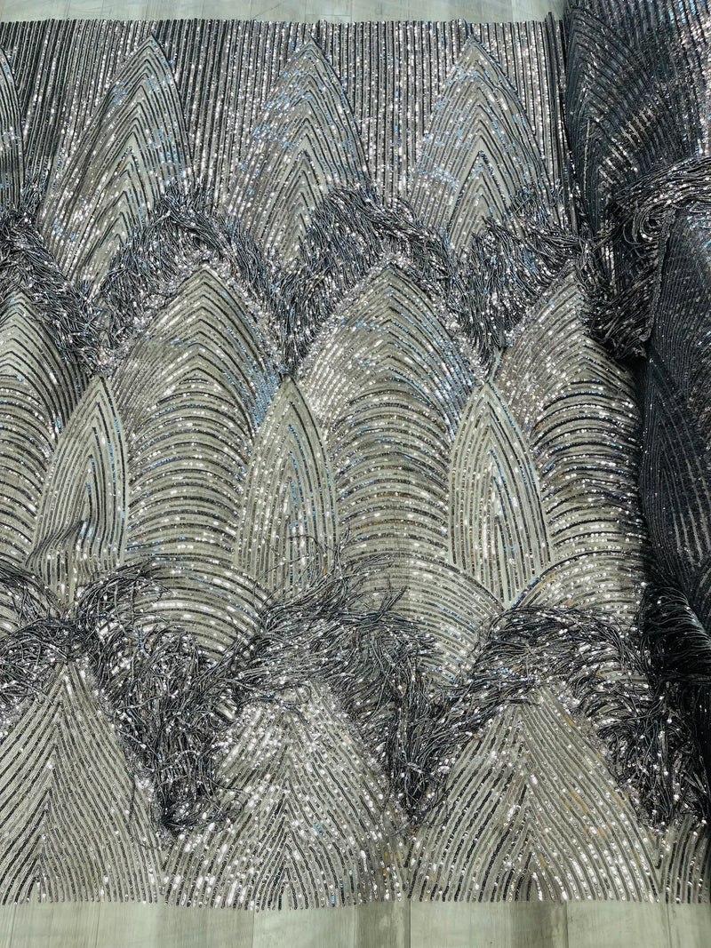 Fringe Sequins Fabric - Gray Silver - 2 Way Stretch Glamorous Fringe Design on Mesh By Yard