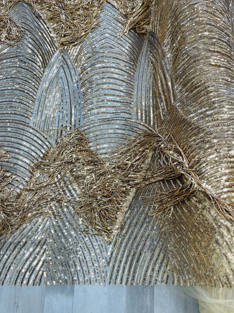 Fringe Sequins Fabric - Gold - 2 Way Stretch Glamorous Fringe Design on Mesh By Yard