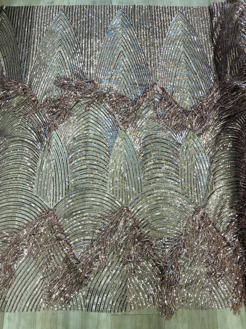 Fringe Sequins Fabric - Mauve - 2 Way Stretch Glamorous Fringe Design on Mesh By Yard