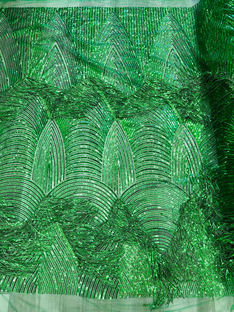Fringe Sequins Fabric - Green - 2 Way Stretch Glamorous Fringe Design on Mesh By Yard