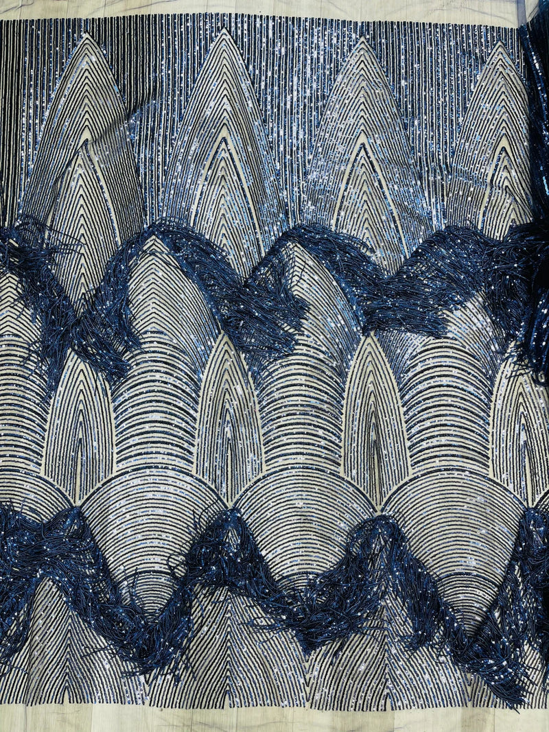 Fringe Sequins Fabric - Navy Blue - 2 Way Stretch Glamorous Fringe Design on Mesh By Yard