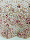 3D Floral Pearl Fabric - Dusty Rose - 3D Triangle Flower Design on Mesh By Yard