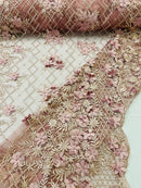 3D Floral Pearl Fabric - Dusty Rose - 3D Triangle Flower Design on Mesh By Yard