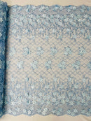 3D Floral Pearl Fabric - Baby Blue - 3D Triangle Flower Design on Mesh By Yard