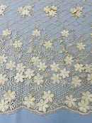 3D Floral Pearl Fabric - Champagne - 3D Triangle Flower Design on Mesh By Yard