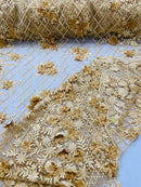 3D Floral Pearl Fabric - Gold - 3D Triangle Flower Design on Mesh By Yard