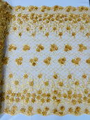 3D Floral Pearl Fabric - Gold - 3D Triangle Flower Design on Mesh By Yard