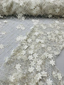 3D Floral Pearl Fabric - Ivory - 3D Triangle Flower Design on Mesh By Yard