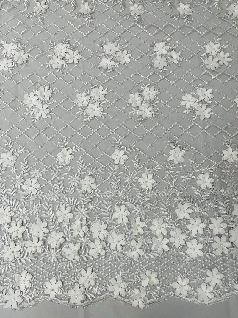 3D Floral Pearl Fabric - White - 3D Triangle Flower Design on Mesh By Yard