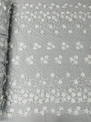 3D Floral Pearl Fabric - White - 3D Triangle Flower Design on Mesh By Yard