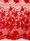 3D Floral Pearl Fabric - Red - 3D Triangle Flower Design on Mesh By Yard